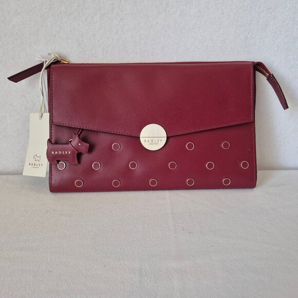 NWT Radley London Broad Street Studded Red Berry Leather Clutch Bag Zip/Snap - Picture 2 of 12